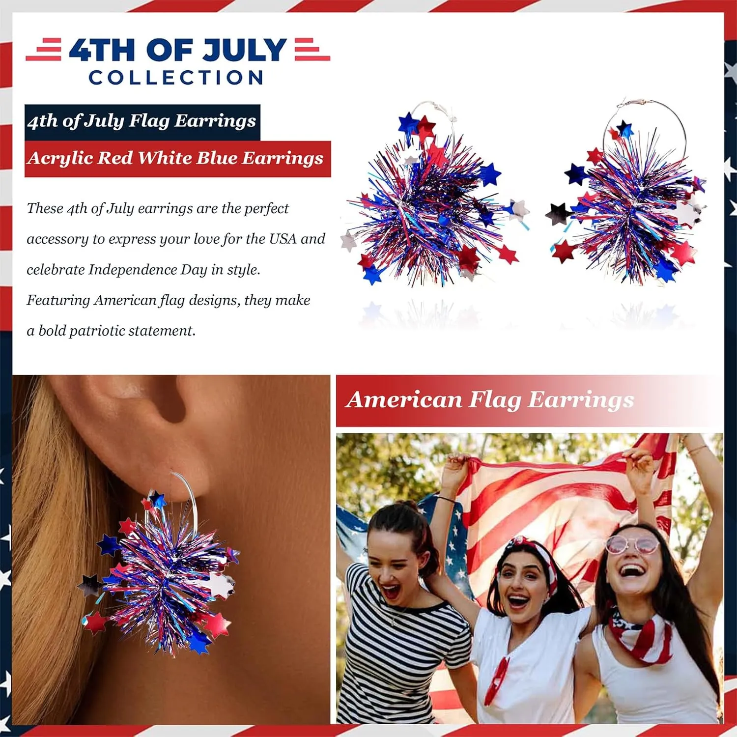 4th of July Earrings Accessories Independence Day Patriotic Earrings Red White and Blue USA Star Flag Dangle Drop Earring Jewelry 4th of July Shirts Outfits for Women