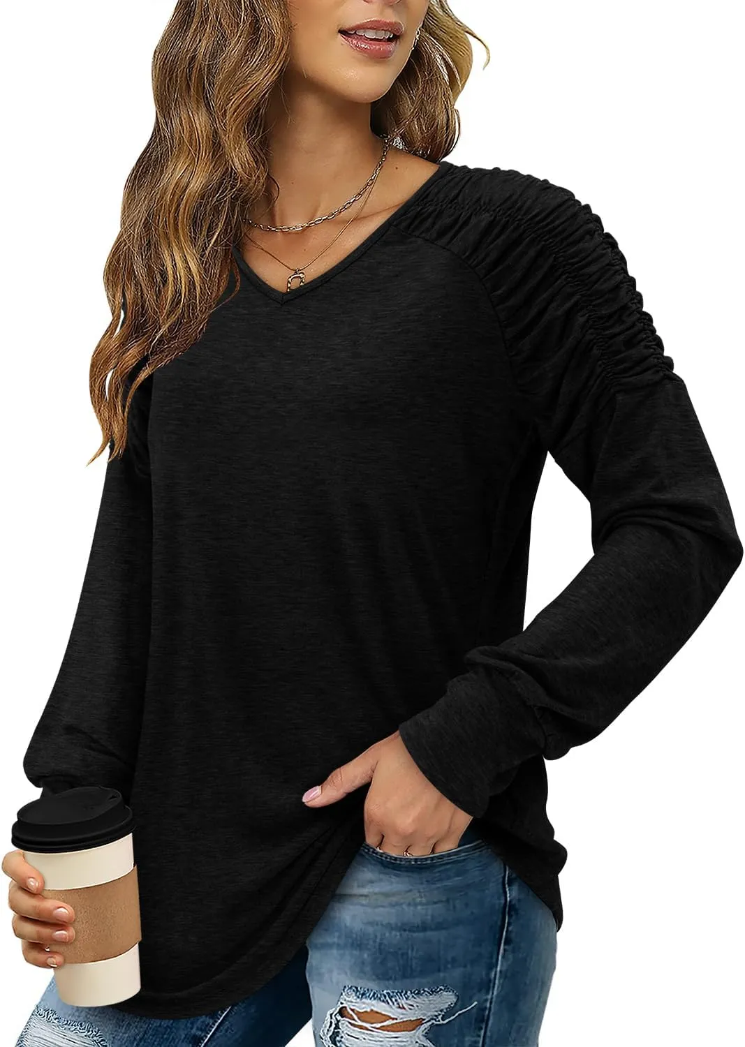 Angerella Long Sleeve Shirts for Women Smocked Tunic Tops Dressy Casual Curved Hem Fall Clothes