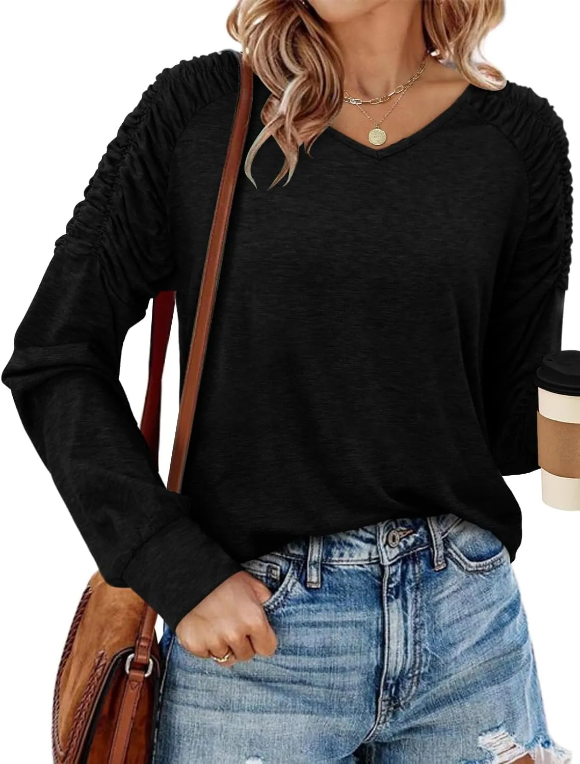 Angerella Long Sleeve Shirts for Women Smocked Tunic Tops Dressy Casual Curved Hem Fall Clothes