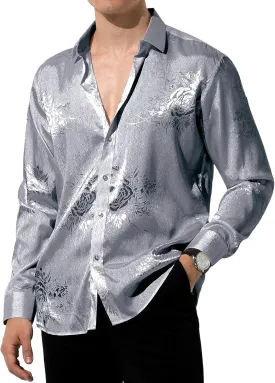 Arjen Kroos Mens Silk Like Satin Formal Dress Shirts Slim Fit Button Down Jacquard Shiny Luxury Shirts
