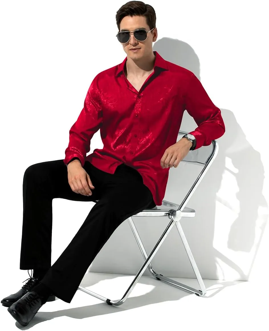 Arjen Kroos Mens Silk Like Satin Formal Dress Shirts Slim Fit Button Down Jacquard Shiny Luxury Shirts