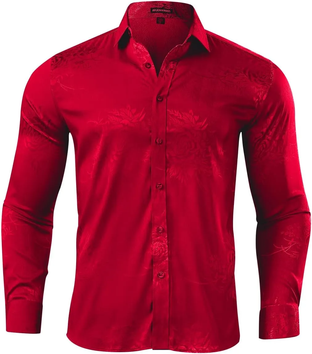 Arjen Kroos Mens Silk Like Satin Formal Dress Shirts Slim Fit Button Down Jacquard Shiny Luxury Shirts