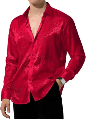 Arjen Kroos Mens Silk Like Satin Formal Dress Shirts Slim Fit Button Down Jacquard Shiny Luxury Shirts