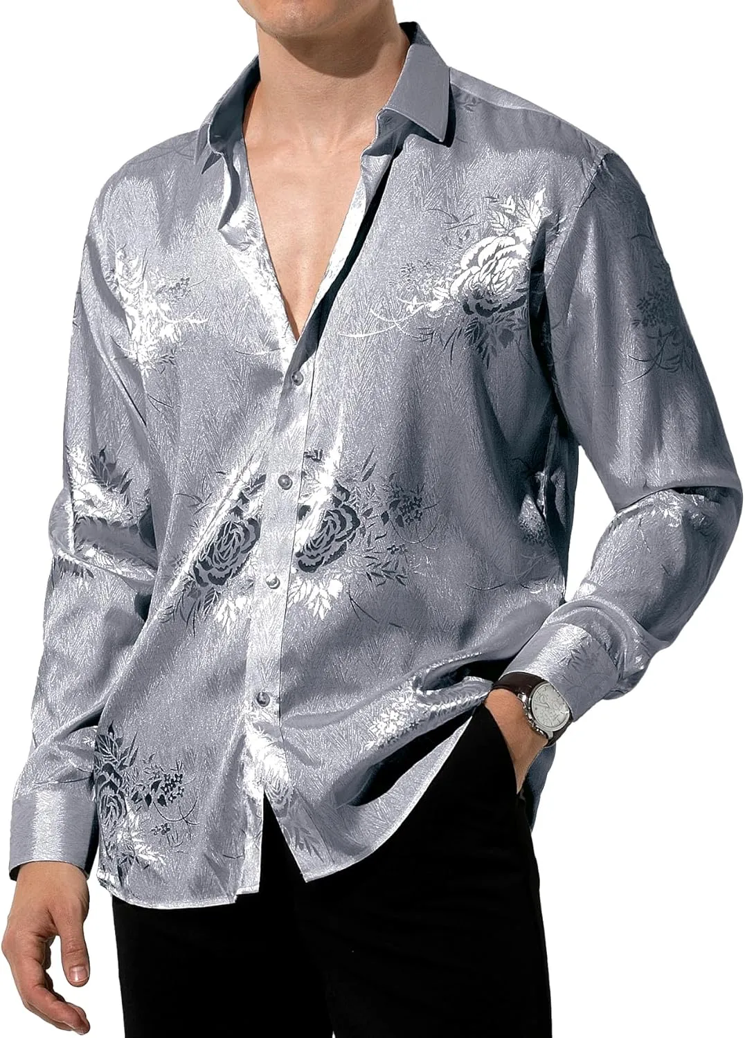 Arjen Kroos Mens Silk Like Satin Formal Dress Shirts Slim Fit Button Down Jacquard Shiny Luxury Shirts