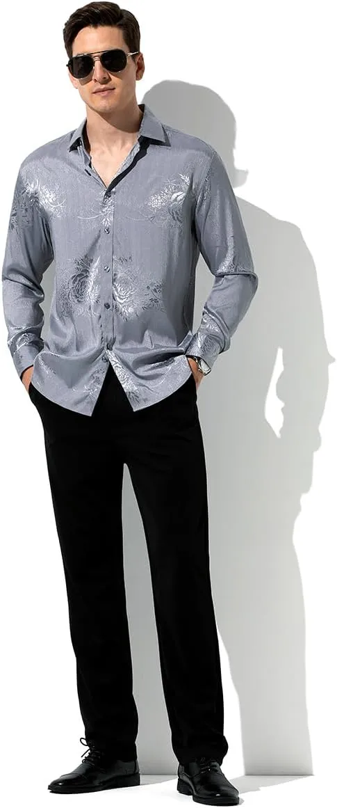 Arjen Kroos Mens Silk Like Satin Formal Dress Shirts Slim Fit Button Down Jacquard Shiny Luxury Shirts