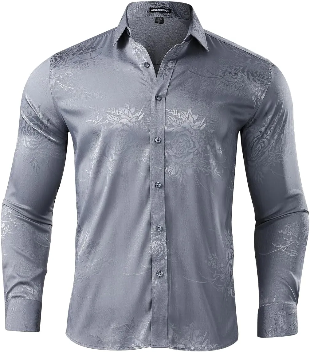 Arjen Kroos Mens Silk Like Satin Formal Dress Shirts Slim Fit Button Down Jacquard Shiny Luxury Shirts