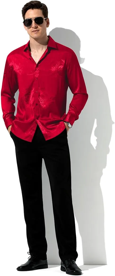 Arjen Kroos Mens Silk Like Satin Formal Dress Shirts Slim Fit Button Down Jacquard Shiny Luxury Shirts