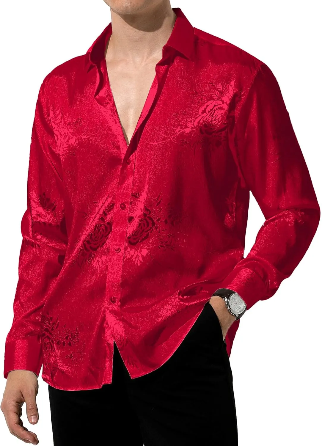 Arjen Kroos Mens Silk Like Satin Formal Dress Shirts Slim Fit Button Down Jacquard Shiny Luxury Shirts