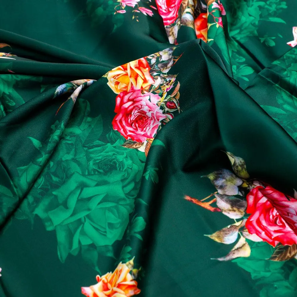 Beautiful Roses With Leaves Digital Printed Fabric - Japan Satin