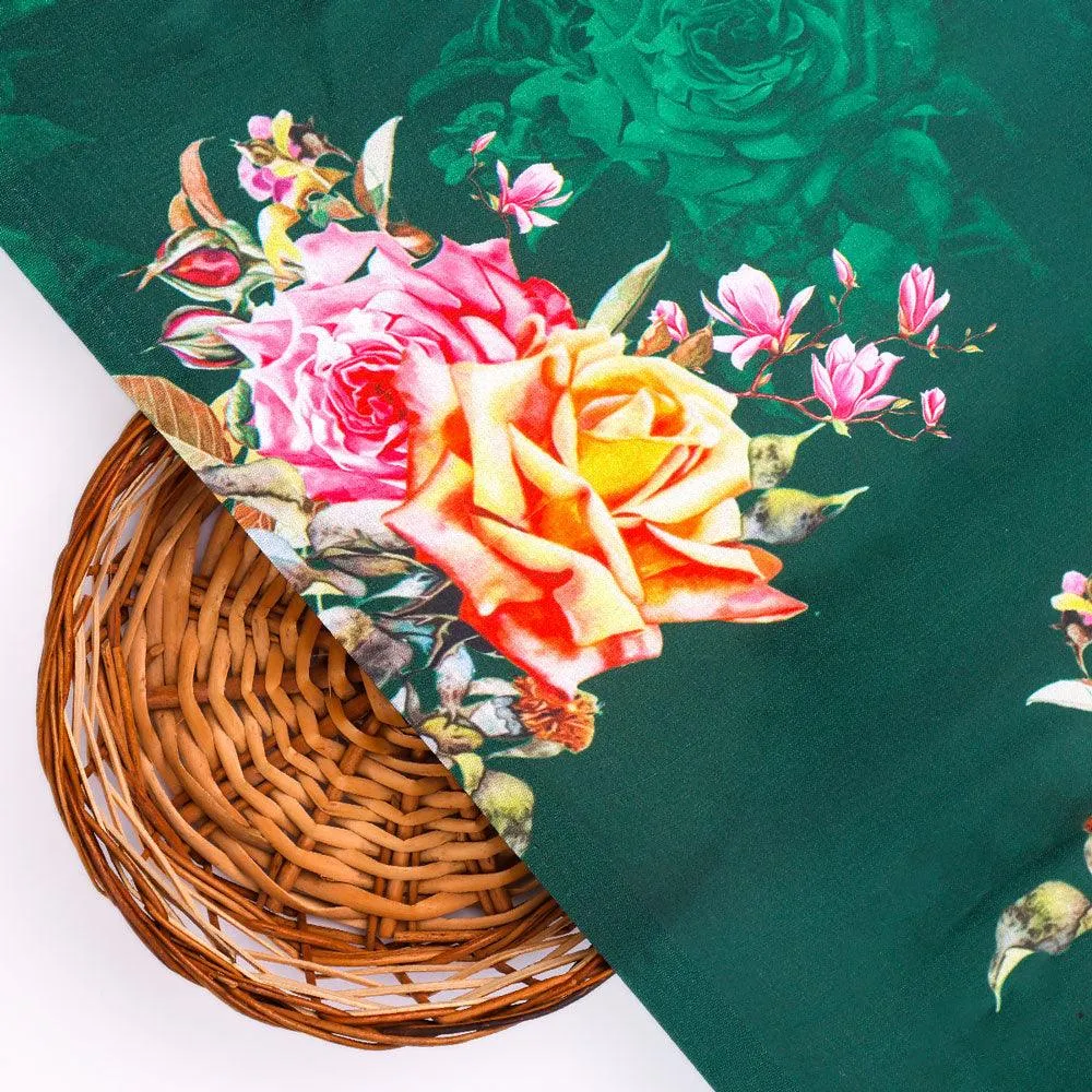 Beautiful Roses With Leaves Digital Printed Fabric - Japan Satin