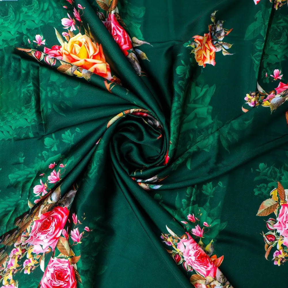Beautiful Roses With Leaves Digital Printed Fabric - Japan Satin