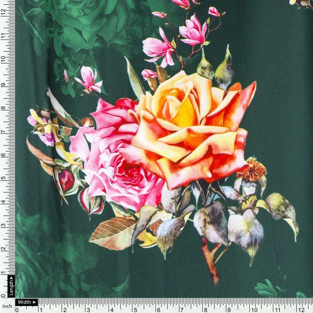 Beautiful Roses With Leaves Digital Printed Fabric - Japan Satin