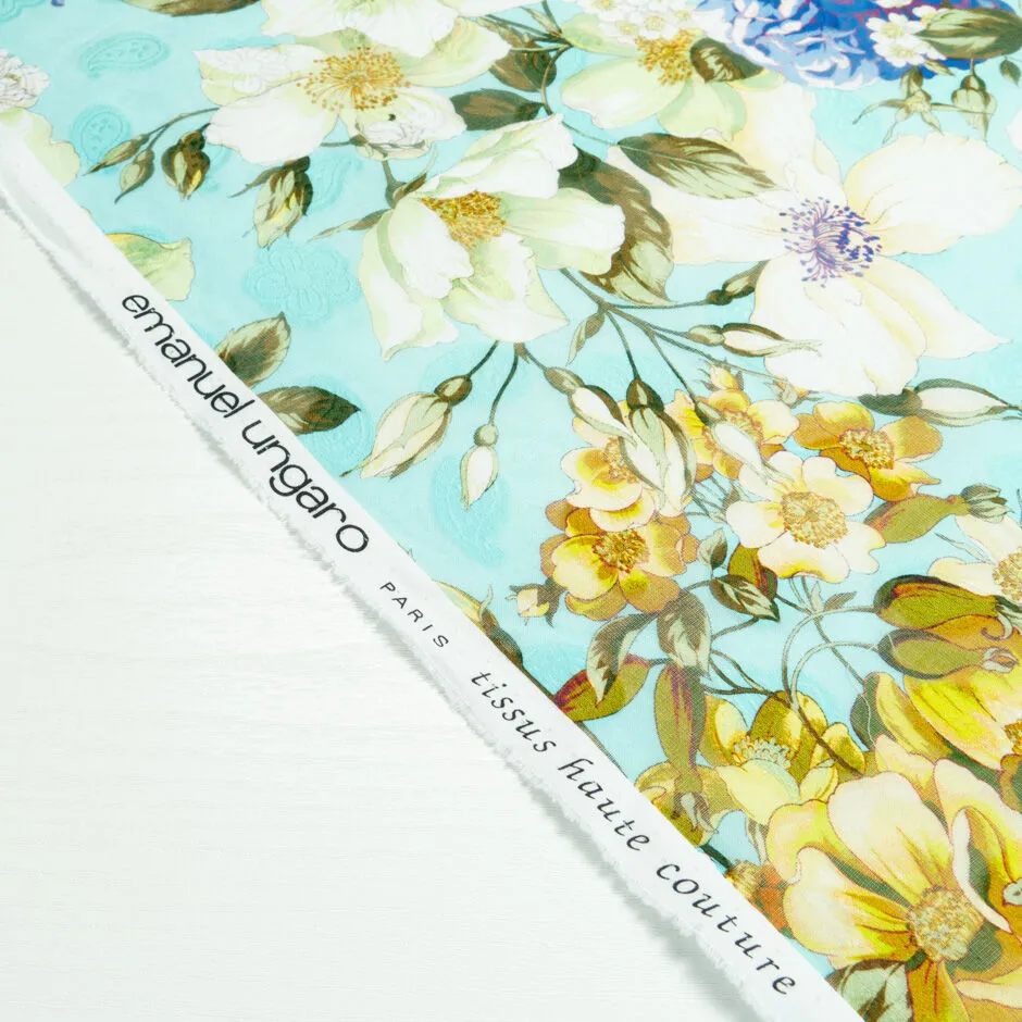 Blue & Yellow Floral Printed Turquoise Cotton Voile Jacquard