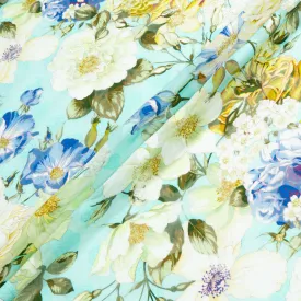 Blue & Yellow Floral Printed Turquoise Cotton Voile Jacquard