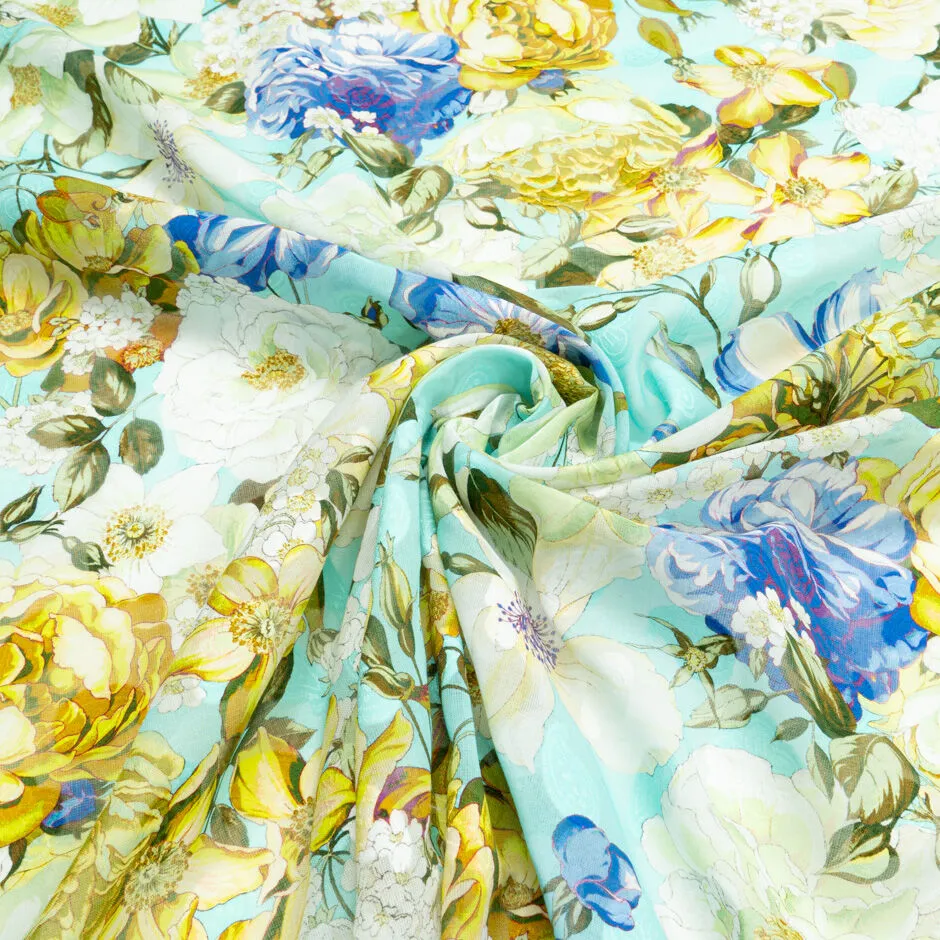 Blue & Yellow Floral Printed Turquoise Cotton Voile Jacquard