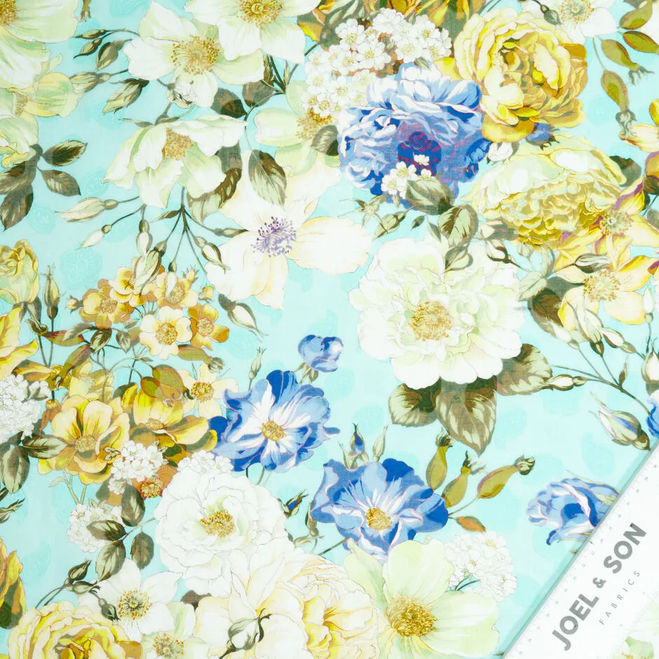 Blue & Yellow Floral Printed Turquoise Cotton Voile Jacquard
