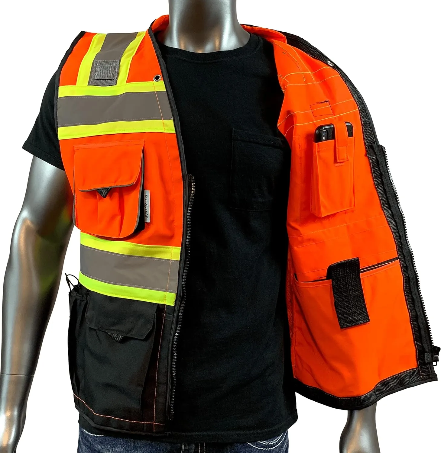 (C Vest For Mens Black Series Safety Vest With Zipper and Utility Pockets Premium Black Series Surveyors Vest (Extra Large, Orange/Black)