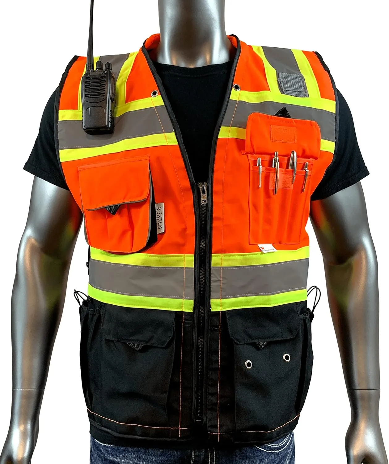 (C Vest For Mens Black Series Safety Vest With Zipper and Utility Pockets Premium Black Series Surveyors Vest (Extra Large, Orange/Black)