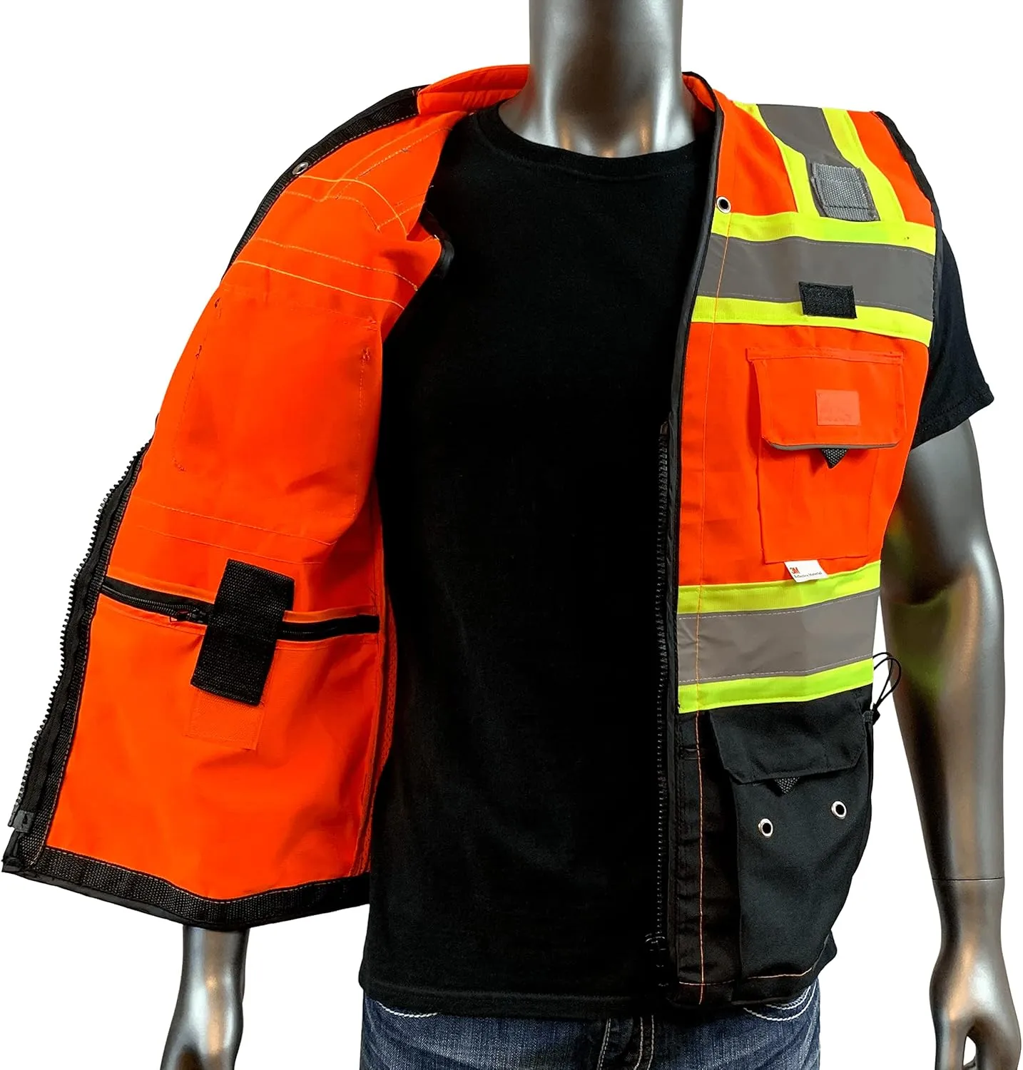 (C Vest For Mens Black Series Safety Vest With Zipper and Utility Pockets Premium Black Series Surveyors Vest (Extra Large, Orange/Black)