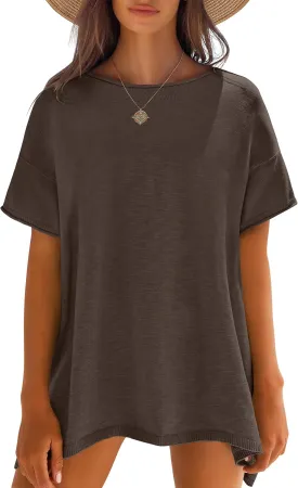 Caracilia Women Summer Lightweight Sweater Top Oversized Short Sleeve Drop Shoulder Seams Outside Casual T-Shirts Trendy 2025