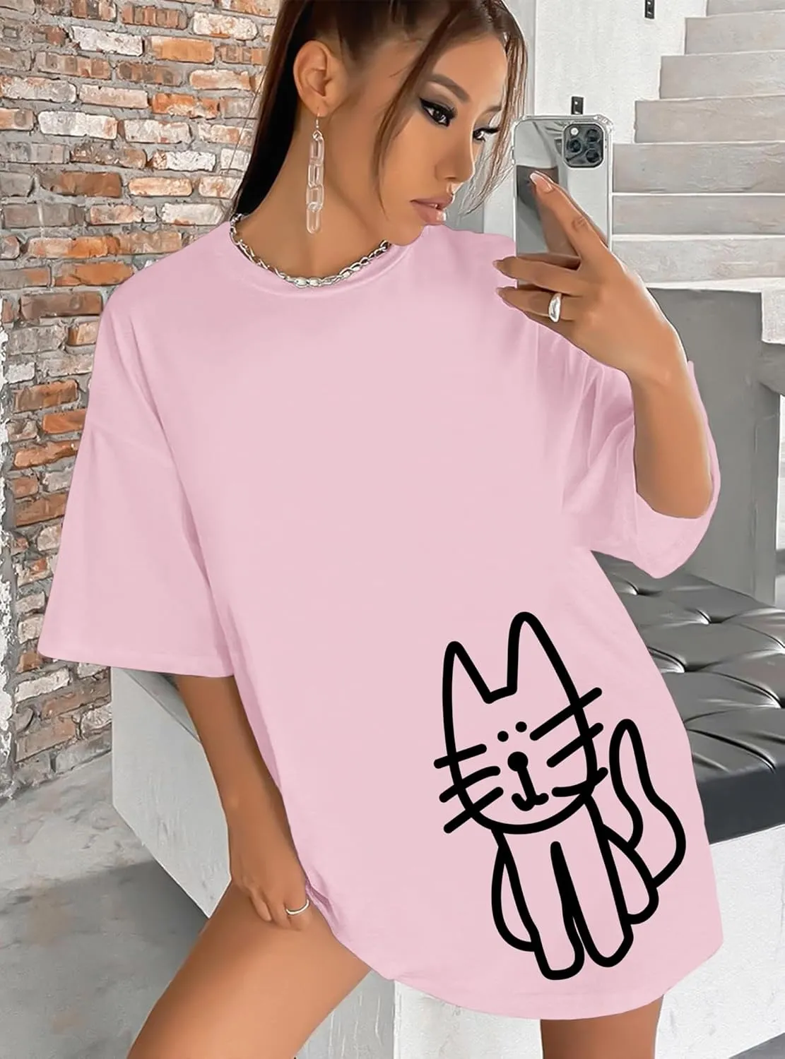 Cute Cat Shirts for Women Oversized Black Cat Graphic Tshirt Casual T-Shirt Kawaii Tees Aesthetic Funny Tops