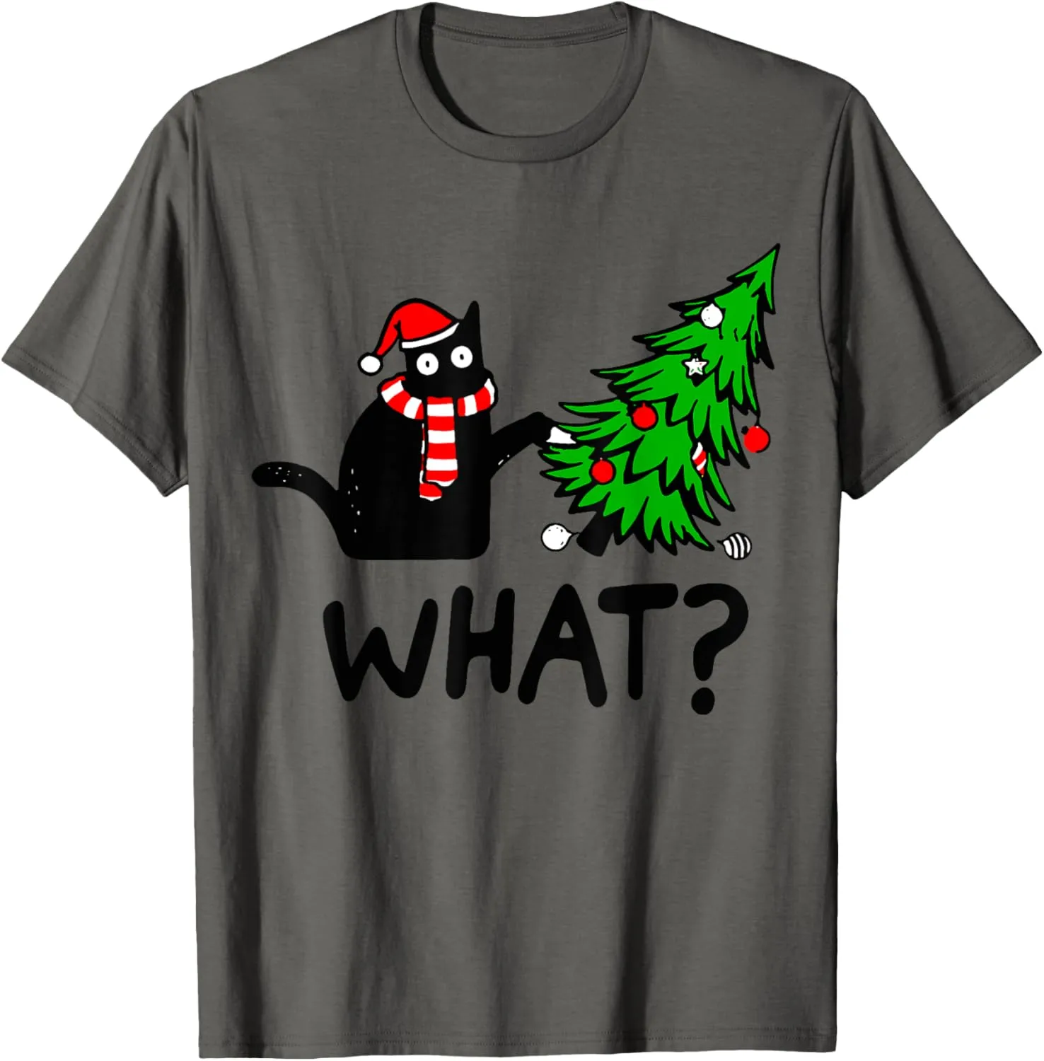 Funny Black Cat Gift Pushing Christmas Tree Over Cat What? T-Shirt