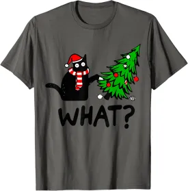 Funny Black Cat Gift Pushing Christmas Tree Over Cat What? T-Shirt