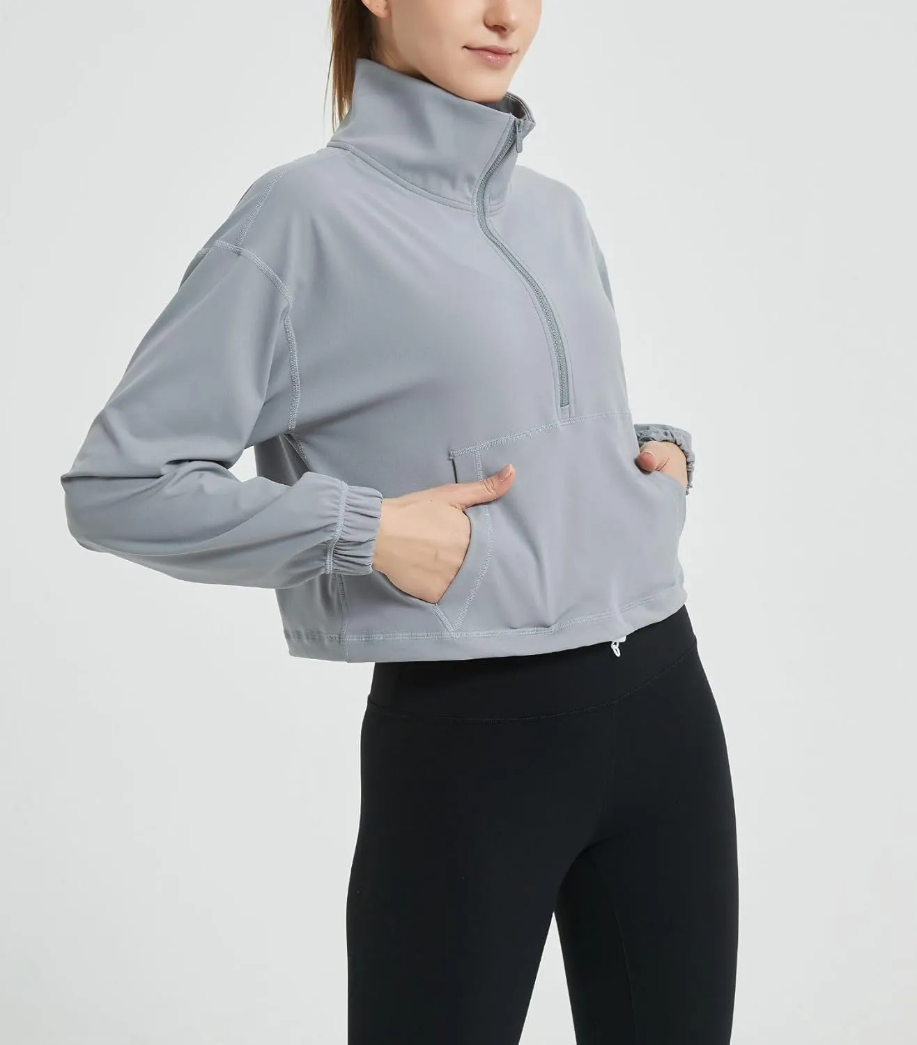 happlan Women's Half Zip Pullover Cropped Jackets Long Sleeve Athletic Running Yoga Workout Shirts for Women