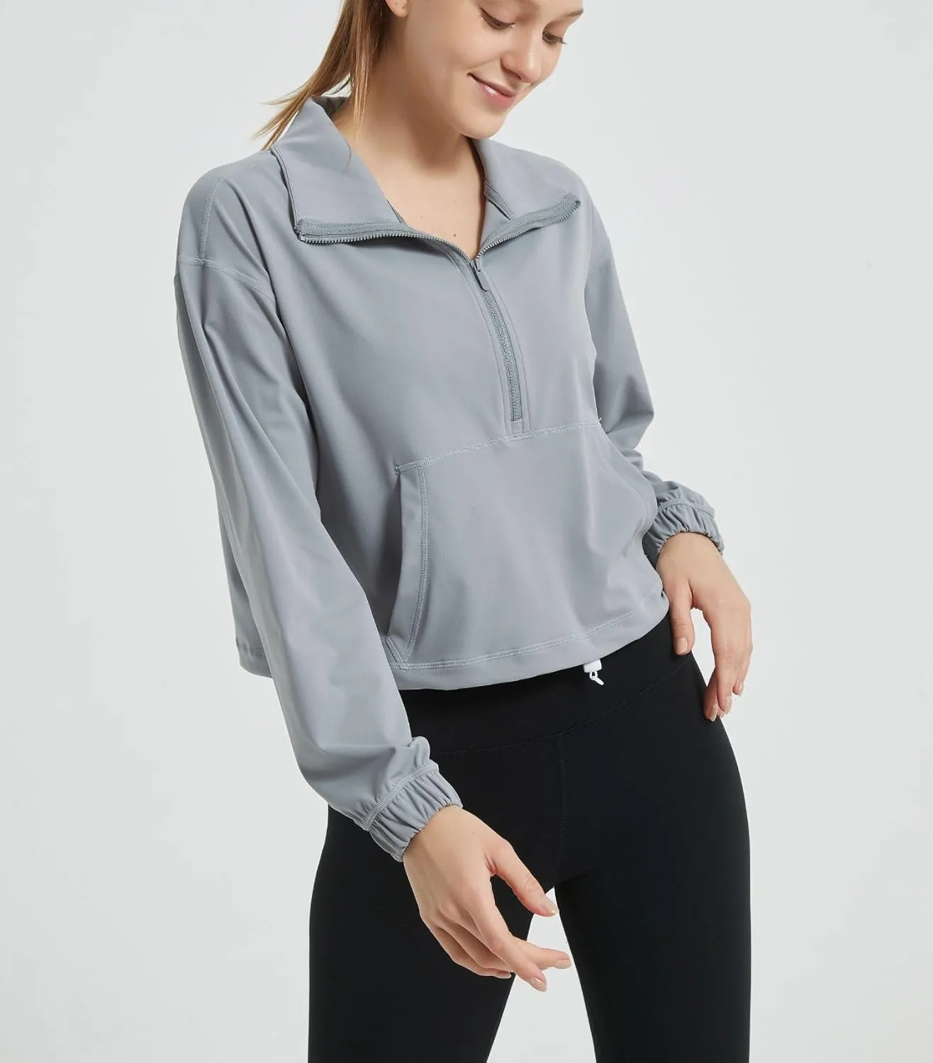 happlan Women's Half Zip Pullover Cropped Jackets Long Sleeve Athletic Running Yoga Workout Shirts for Women