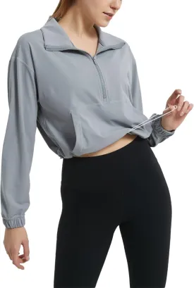 happlan Women's Half Zip Pullover Cropped Jackets Long Sleeve Athletic Running Yoga Workout Shirts for Women