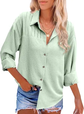 HOTOUCH Womens Long Sleeve Button Down Shirts Oversized Collared Drop Shoulder Work Tops Textured Loose Blouse S-XXXL