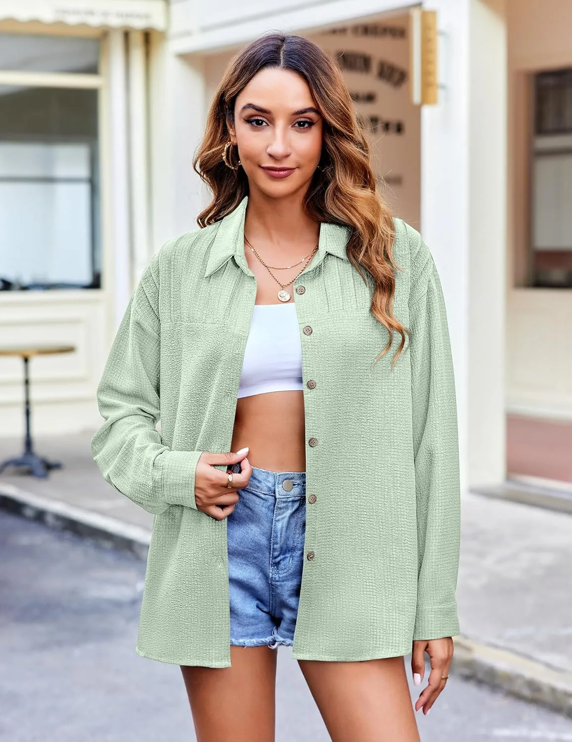 HOTOUCH Womens Long Sleeve Button Down Shirts Oversized Collared Drop Shoulder Work Tops Textured Loose Blouse S-XXXL