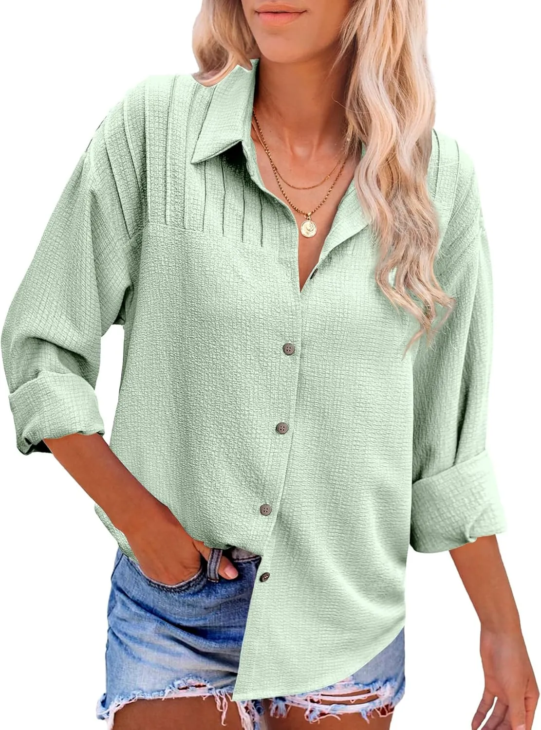 HOTOUCH Womens Long Sleeve Button Down Shirts Oversized Collared Drop Shoulder Work Tops Textured Loose Blouse S-XXXL