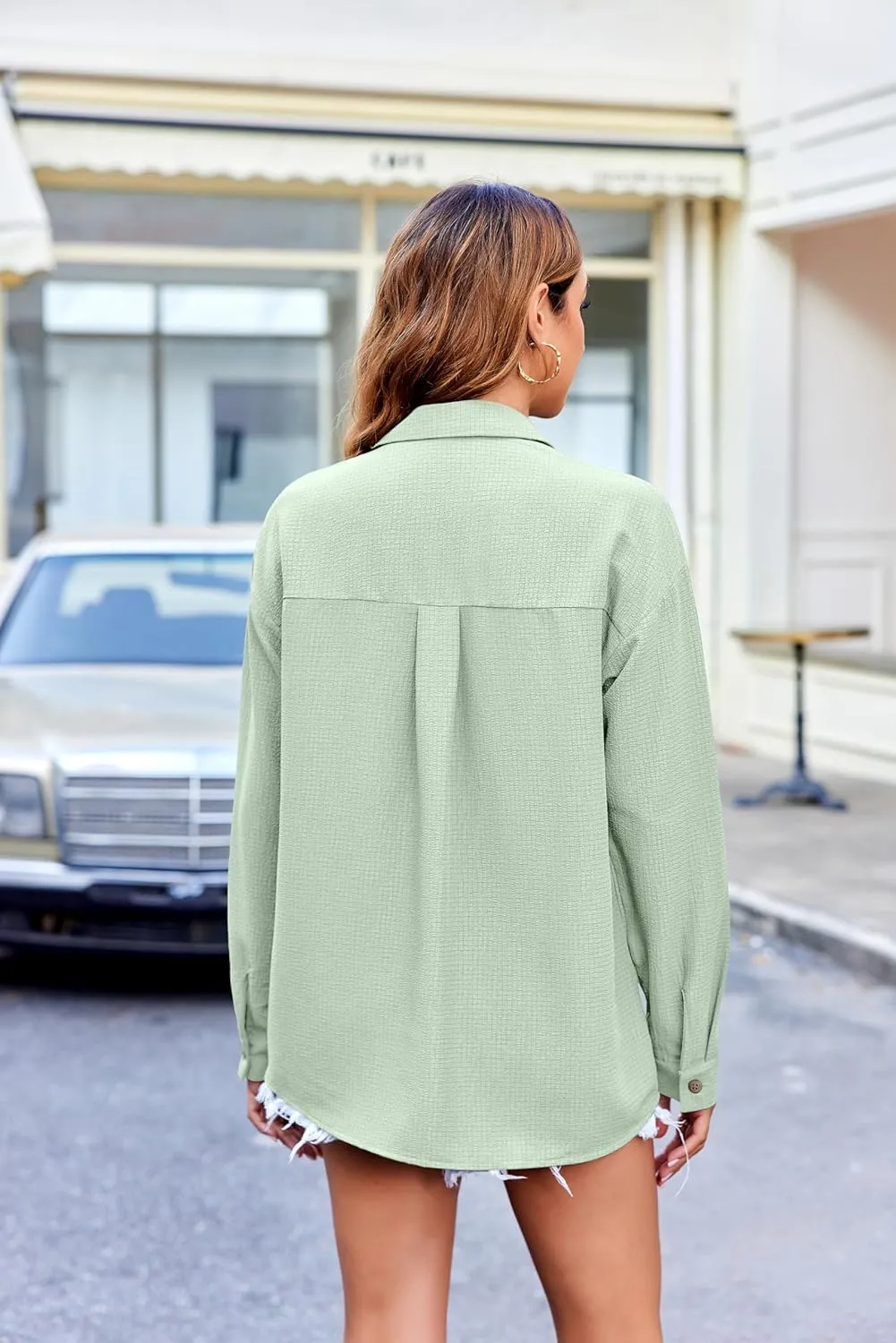 HOTOUCH Womens Long Sleeve Button Down Shirts Oversized Collared Drop Shoulder Work Tops Textured Loose Blouse S-XXXL