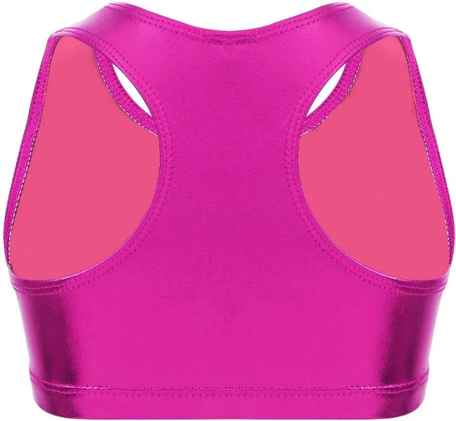 iiniim Kids Girls Metallic Shiny Racer Back Crop Top Sports Dance Bra Athletic Cropped Tank Tops Competition Costumes