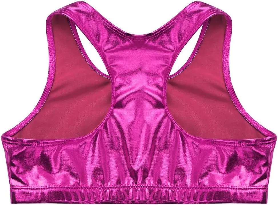 iiniim Kids Girls Metallic Shiny Racer Back Crop Top Sports Dance Bra Athletic Cropped Tank Tops Competition Costumes