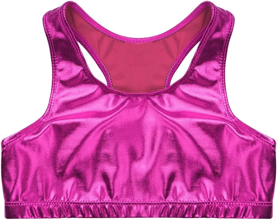 iiniim Kids Girls Metallic Shiny Racer Back Crop Top Sports Dance Bra Athletic Cropped Tank Tops Competition Costumes