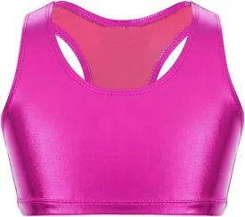 iiniim Kids Girls Metallic Shiny Racer Back Crop Top Sports Dance Bra Athletic Cropped Tank Tops Competition Costumes