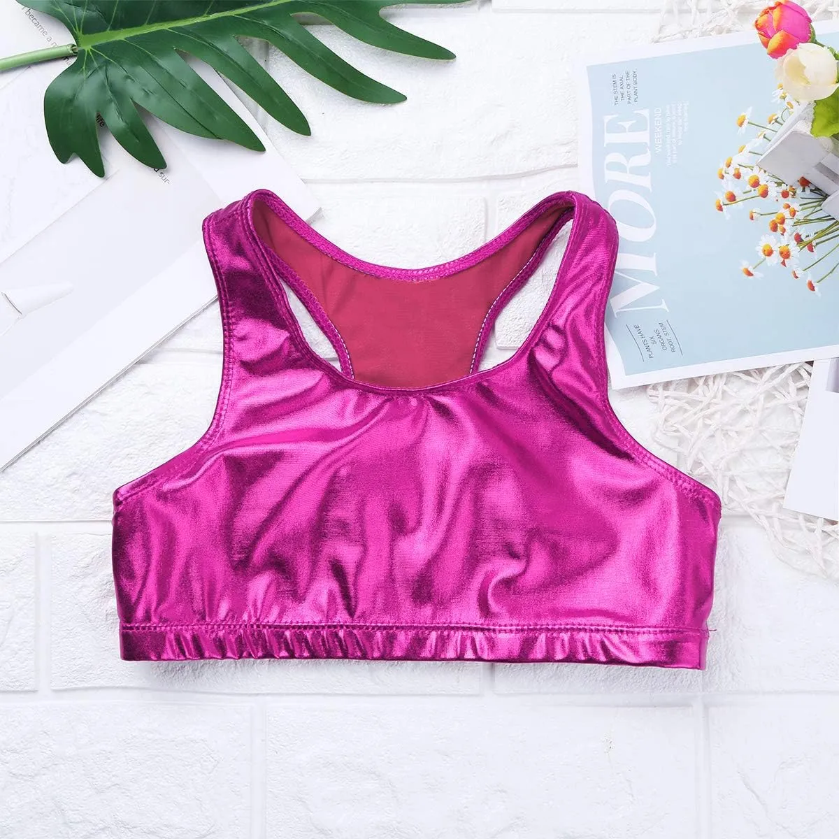 iiniim Kids Girls Metallic Shiny Racer Back Crop Top Sports Dance Bra Athletic Cropped Tank Tops Competition Costumes