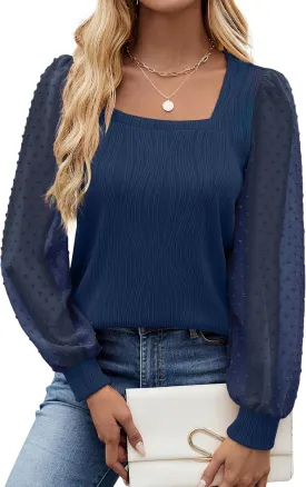 JUSTFASHIONNOW Fall Long Sleeve Shirts for Women Blouses Dressy Casual Square Neck Puff Sleeve Tops Textured Knit T Shirts