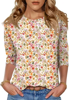 LOMON 3/4 Length Sleeve Womens Tops Spring Summer Fashion 2025 Tops Crew Neck Pleated Shirts Tunic Top Loose Fit