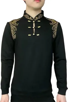 Men's Business Chinese Tunic Suit Stand Collar Frog Button Embroidered Ethnic Style Iron-Free