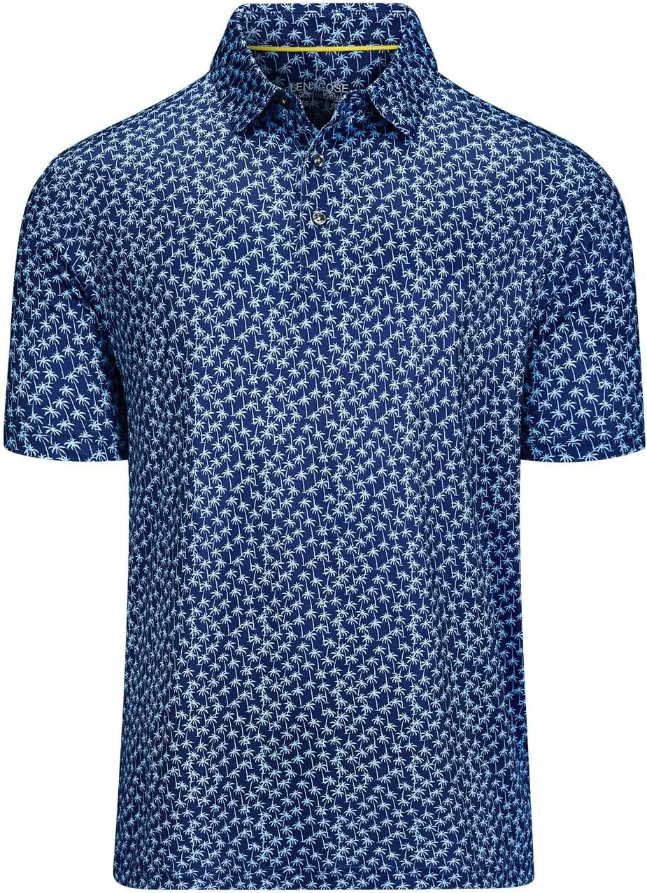 Mens Golf Polo Shirts Short Sleeve Print Performance Moisture Wicking Dry Fit Collared Golf Shirts for Men
