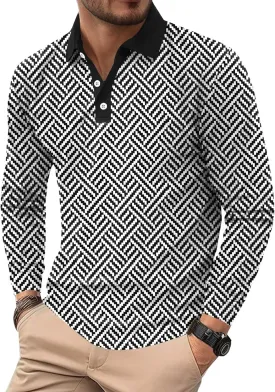 Mens Long Sleeve Polo Shirts Print Casual Vintage Classic Golf Shirt (S-XXL)
