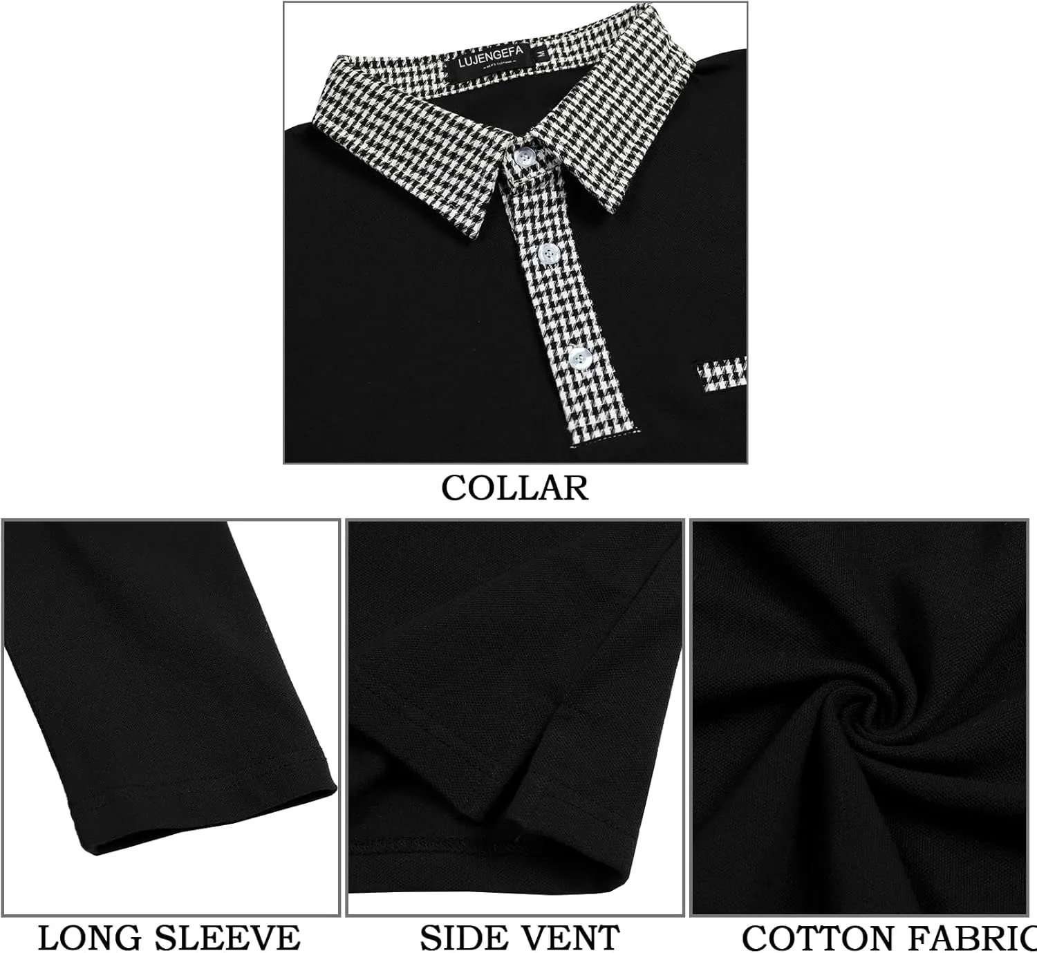 Mens Long Sleeve Polo Shirts with Collar Houndstooth Casual Slim fit Golf Fall Winter Cotton T Shirts Tops for Men