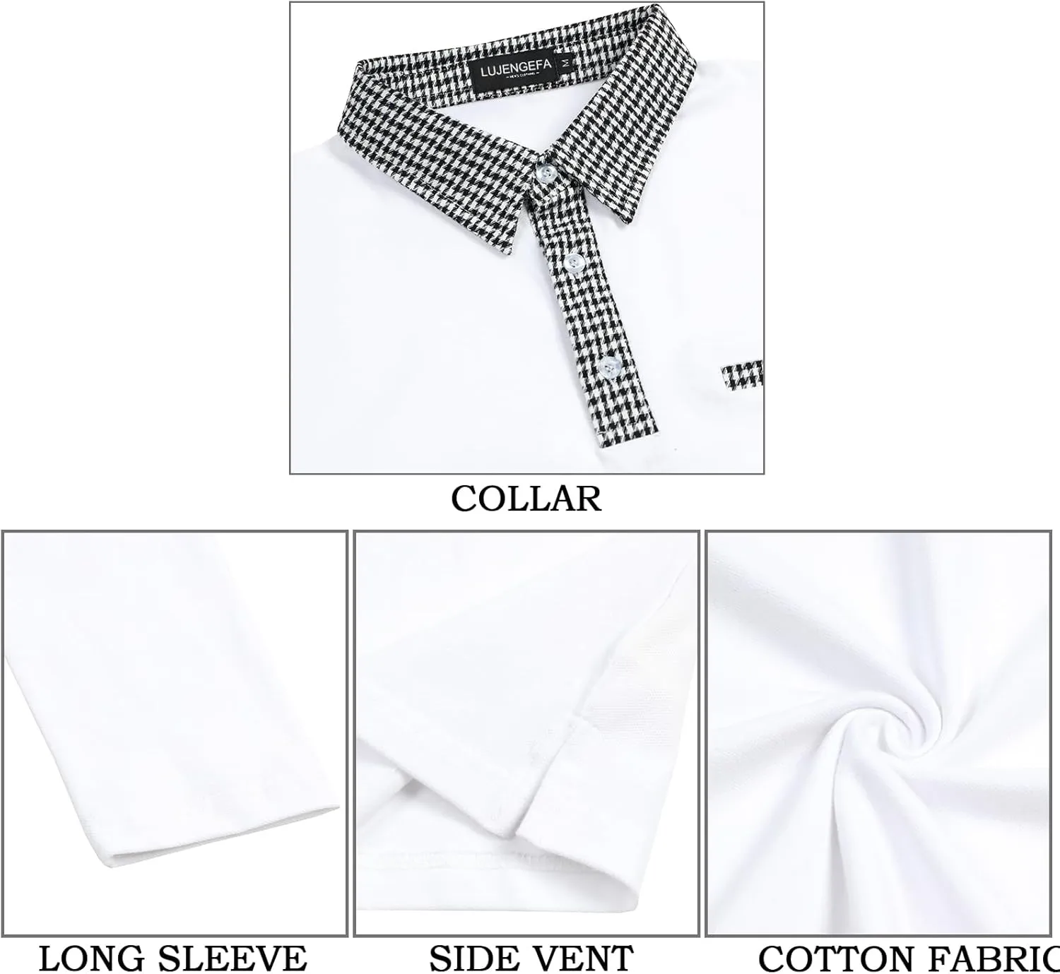 Mens Long Sleeve Polo Shirts with Collar Houndstooth Casual Slim fit Golf Fall Winter Cotton T Shirts Tops for Men