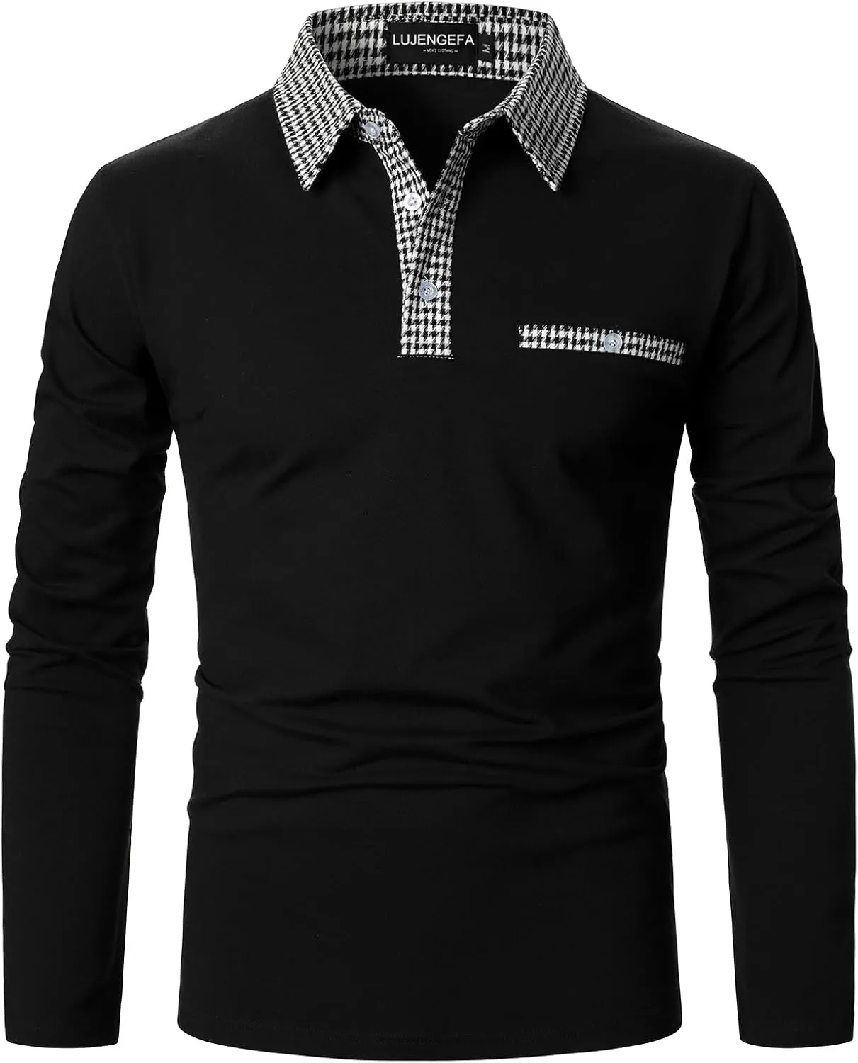Mens Long Sleeve Polo Shirts with Collar Houndstooth Casual Slim fit Golf Fall Winter Cotton T Shirts Tops for Men
