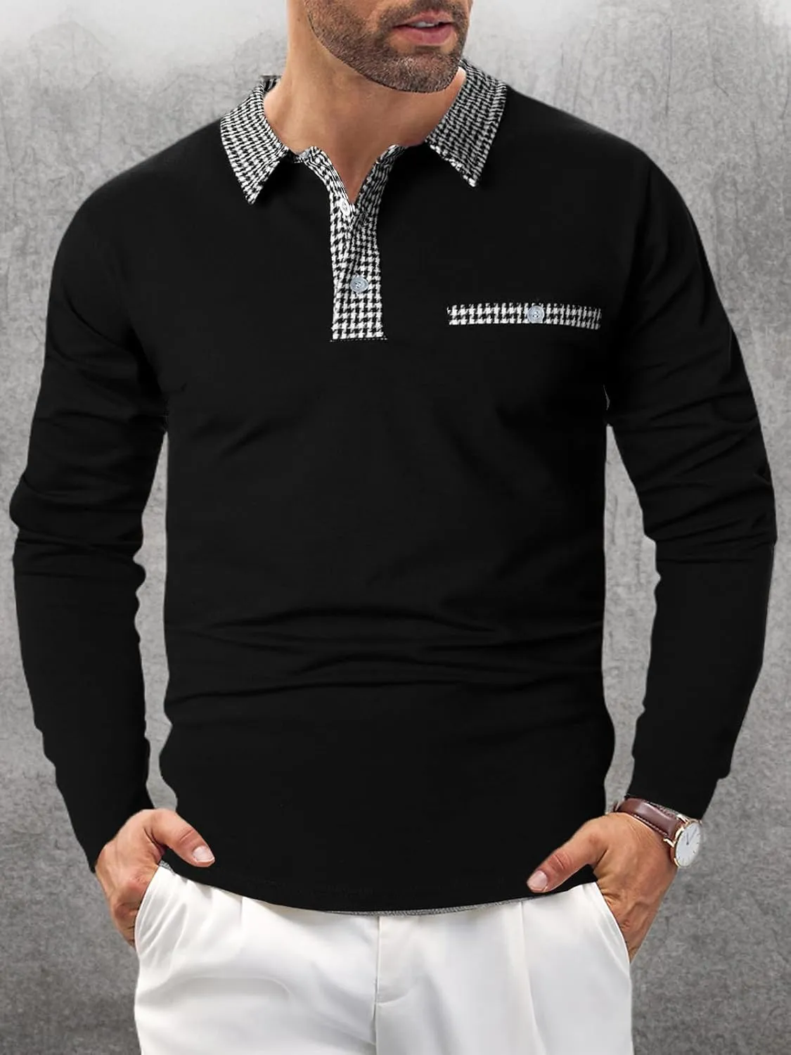 Mens Long Sleeve Polo Shirts with Collar Houndstooth Casual Slim fit Golf Fall Winter Cotton T Shirts Tops for Men