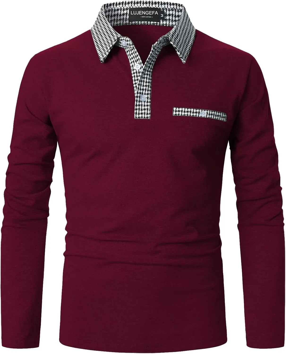 Mens Long Sleeve Polo Shirts with Collar Houndstooth Casual Slim fit Golf Fall Winter Cotton T Shirts Tops for Men