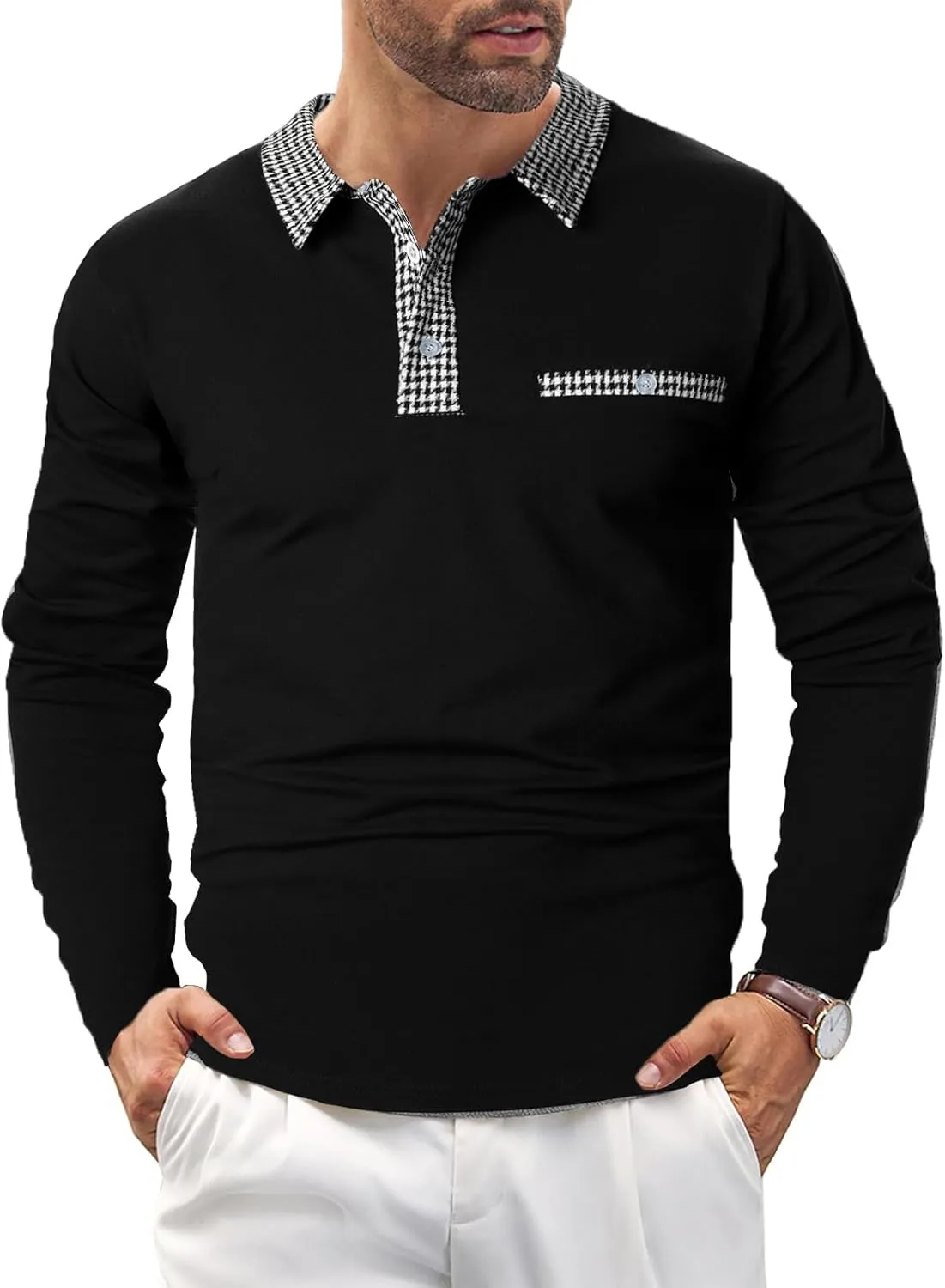 Mens Long Sleeve Polo Shirts with Collar Houndstooth Casual Slim fit Golf Fall Winter Cotton T Shirts Tops for Men